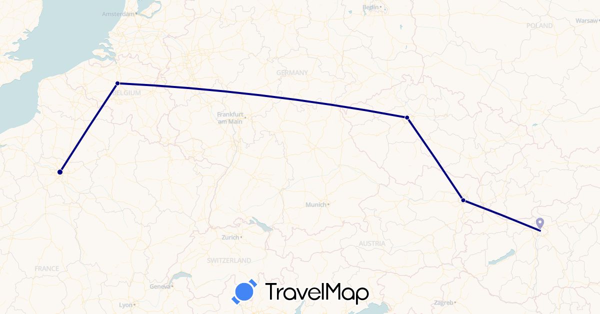 TravelMap itinerary: driving in Austria, Belgium, Czech Republic, France, Hungary (Europe)
